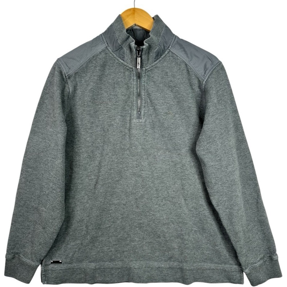 Tommy Bahama Mens M Gray 100% Cotton Quarter Zip Pullover Sweater Marlin Logo